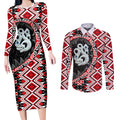 Red Taniko Motif Aotearoa Manaia and Silver Fern Couples Matching Long Sleeve Bodycon Dress and Long Sleeve Button Shirt