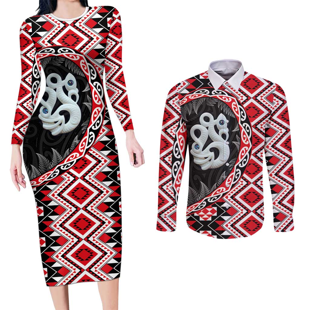 Red Taniko Motif Aotearoa Manaia and Silver Fern Couples Matching Long Sleeve Bodycon Dress and Long Sleeve Button Shirt