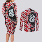 Red Taniko Motif Aotearoa Manaia and Silver Fern Couples Matching Long Sleeve Bodycon Dress and Long Sleeve Button Shirt