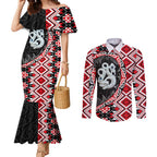 Red Taniko Motif Aotearoa Manaia and Silver Fern Couples Matching Mermaid Dress and Long Sleeve Button Shirt