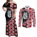 Red Taniko Motif Aotearoa Manaia and Silver Fern Couples Matching Off Shoulder Maxi Dress and Long Sleeve Button Shirt
