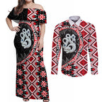 Red Taniko Motif Aotearoa Manaia and Silver Fern Couples Matching Off Shoulder Maxi Dress and Long Sleeve Button Shirt