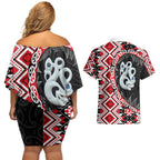 Red Taniko Motif Aotearoa Manaia and Silver Fern Couples Matching Off Shoulder Short Dress and Hawaiian Shirt