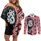 Red Taniko Motif Aotearoa Manaia and Silver Fern Couples Matching Off Shoulder Short Dress and Long Sleeve Button Shirt