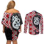 Red Taniko Motif Aotearoa Manaia and Silver Fern Couples Matching Off Shoulder Short Dress and Long Sleeve Button Shirt