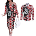 Red Taniko Motif Aotearoa Manaia and Silver Fern Couples Matching Off The Shoulder Long Sleeve Dress and Long Sleeve Button Shirt