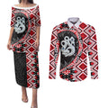 Red Taniko Motif Aotearoa Manaia and Silver Fern Couples Matching Puletasi and Long Sleeve Button Shirt