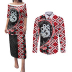 Red Taniko Motif Aotearoa Manaia and Silver Fern Couples Matching Puletasi and Long Sleeve Button Shirt