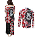 Red Taniko Motif Aotearoa Manaia and Silver Fern Couples Matching Puletasi and Long Sleeve Button Shirt