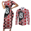 Red Taniko Motif Aotearoa Manaia and Silver Fern Couples Matching Short Sleeve Bodycon Dress and Long Sleeve Button Shirt