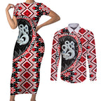 Red Taniko Motif Aotearoa Manaia and Silver Fern Couples Matching Short Sleeve Bodycon Dress and Long Sleeve Button Shirt