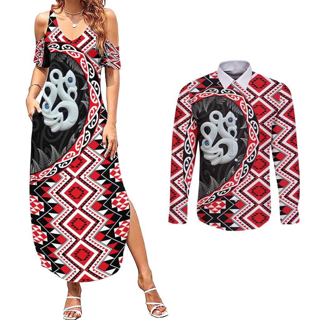 Red Taniko Motif Aotearoa Manaia and Silver Fern Couples Matching Summer Maxi Dress and Long Sleeve Button Shirt