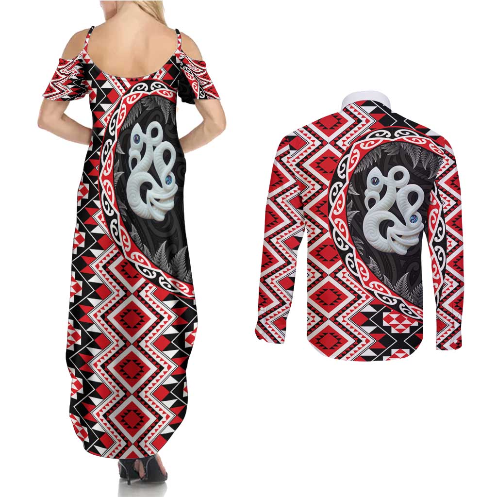 Red Taniko Motif Aotearoa Manaia and Silver Fern Couples Matching Summer Maxi Dress and Long Sleeve Button Shirt