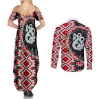 Red Taniko Motif Aotearoa Manaia and Silver Fern Couples Matching Summer Maxi Dress and Long Sleeve Button Shirt