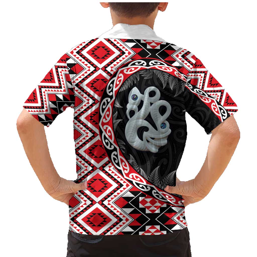 Red Taniko Motif Aotearoa Manaia and Silver Fern Family Matching Mermaid Dress and Hawaiian Shirt
