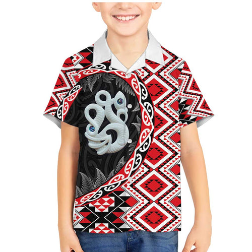 Red Taniko Motif Aotearoa Manaia and Silver Fern Family Matching Mermaid Dress and Hawaiian Shirt
