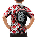 Red Taniko Motif Aotearoa Manaia and Silver Fern Family Matching Off The Shoulder Long Sleeve Dress and Hawaiian Shirt