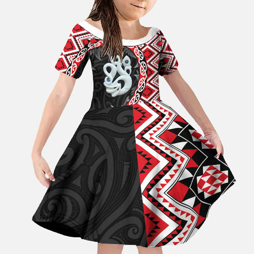 Red Taniko Motif Aotearoa Manaia and Silver Fern Family Matching Off The Shoulder Long Sleeve Dress and Hawaiian Shirt