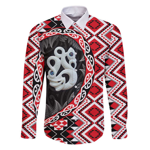 Red Taniko Motif Aotearoa Manaia and Silver Fern Family Matching Off The Shoulder Long Sleeve Dress and Hawaiian Shirt