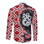 Red Taniko Motif Aotearoa Manaia and Silver Fern Family Matching Off The Shoulder Long Sleeve Dress and Hawaiian Shirt