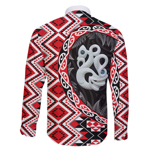 Red Taniko Motif Aotearoa Manaia and Silver Fern Family Matching Off The Shoulder Long Sleeve Dress and Hawaiian Shirt