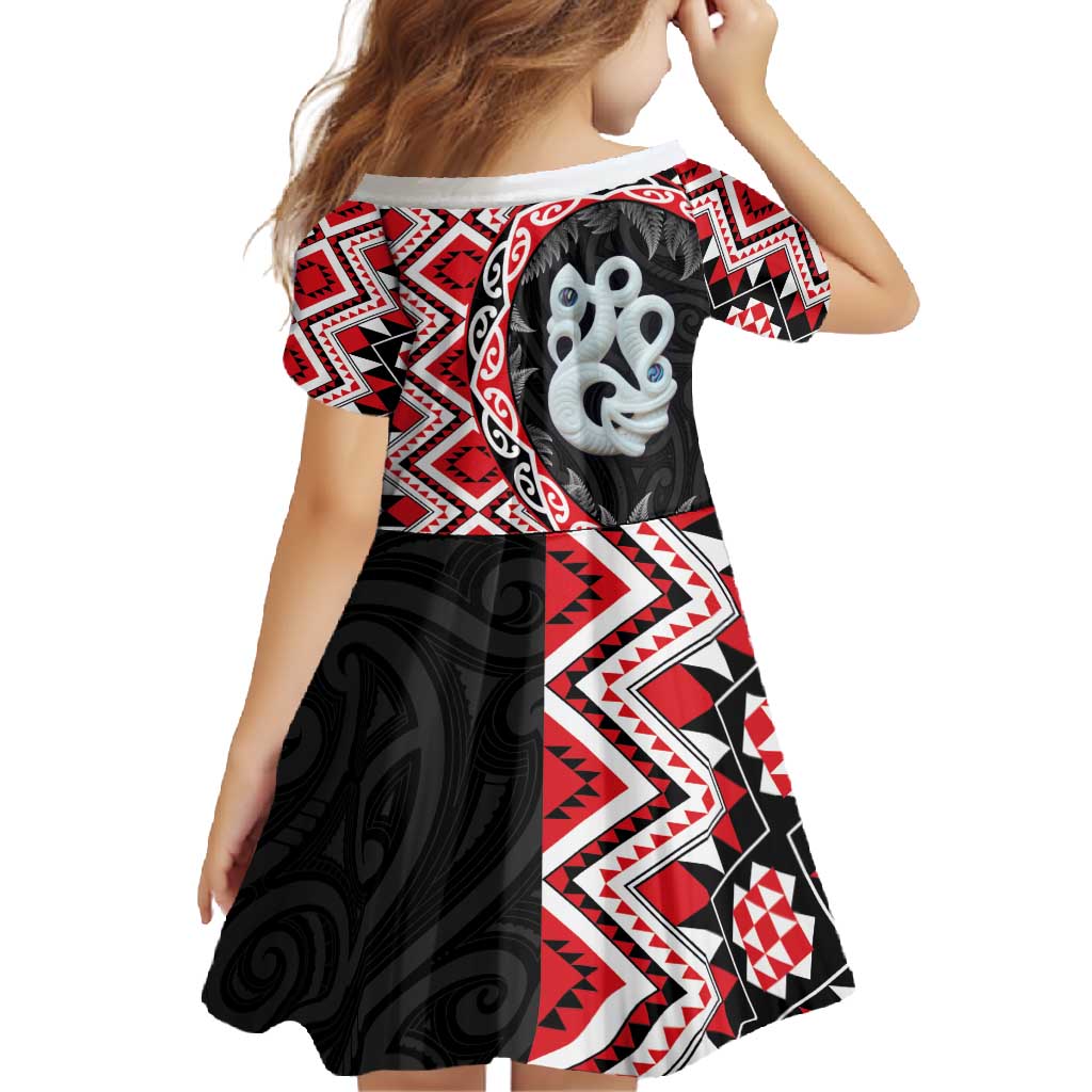 Red Taniko Motif Aotearoa Manaia and Silver Fern Family Matching Off Shoulder Maxi Dress and Hawaiian Shirt