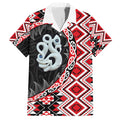 Red Taniko Motif Aotearoa Manaia and Silver Fern Family Matching Off Shoulder Maxi Dress and Hawaiian Shirt