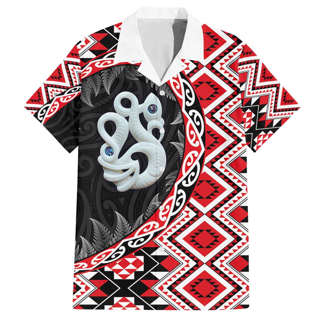 Red Taniko Motif Aotearoa Manaia and Silver Fern Family Matching Off Shoulder Maxi Dress and Hawaiian Shirt