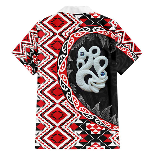 Red Taniko Motif Aotearoa Manaia and Silver Fern Family Matching Off Shoulder Maxi Dress and Hawaiian Shirt