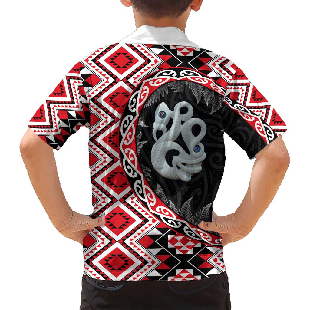 Red Taniko Motif Aotearoa Manaia and Silver Fern Family Matching Off Shoulder Short Dress and Hawaiian Shirt