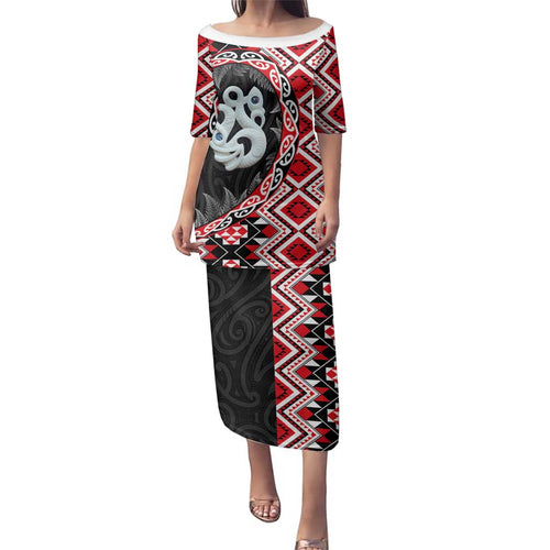 Red Taniko Motif Aotearoa Manaia and Silver Fern Family Matching Puletasi and Hawaiian Shirt