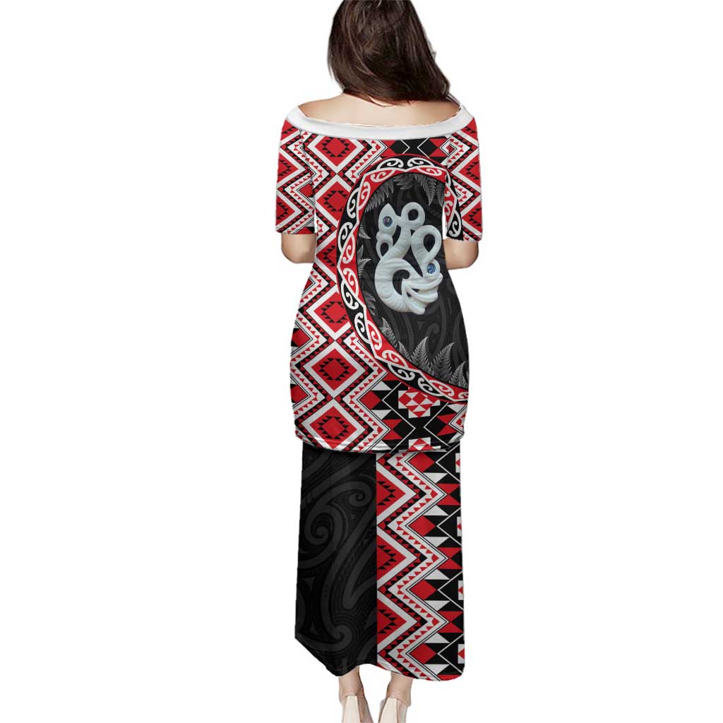Red Taniko Motif Aotearoa Manaia and Silver Fern Family Matching Puletasi and Hawaiian Shirt