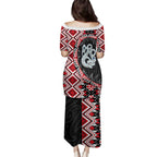 Red Taniko Motif Aotearoa Manaia and Silver Fern Family Matching Puletasi and Hawaiian Shirt