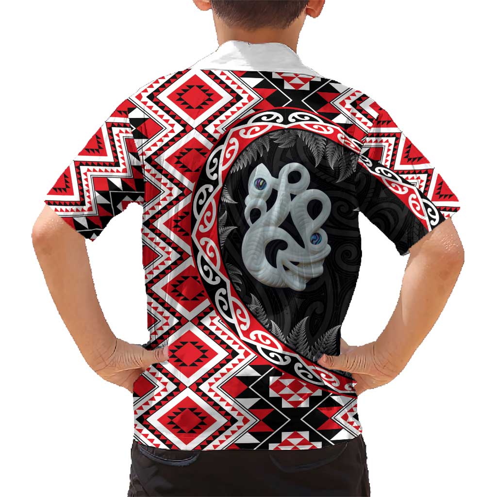 Red Taniko Motif Aotearoa Manaia and Silver Fern Family Matching Short Sleeve Bodycon Dress and Hawaiian Shirt