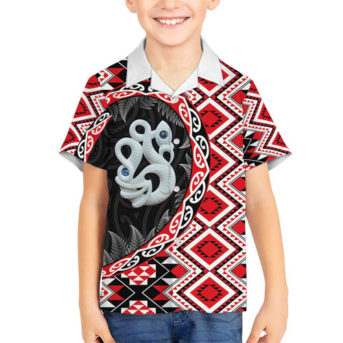Red Taniko Motif Aotearoa Manaia and Silver Fern Family Matching Tank Maxi Dress and Hawaiian Shirt