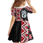 Red Taniko Motif Aotearoa Manaia and Silver Fern Kid Short Sleeve Dress