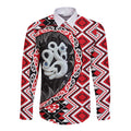 Red Taniko Motif Aotearoa Manaia and Silver Fern Long Sleeve Button Shirt