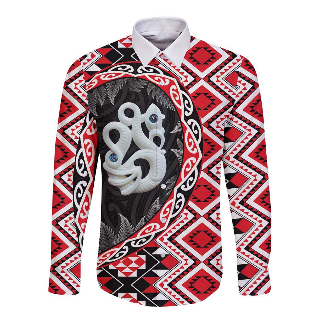 Red Taniko Motif Aotearoa Manaia and Silver Fern Long Sleeve Button Shirt