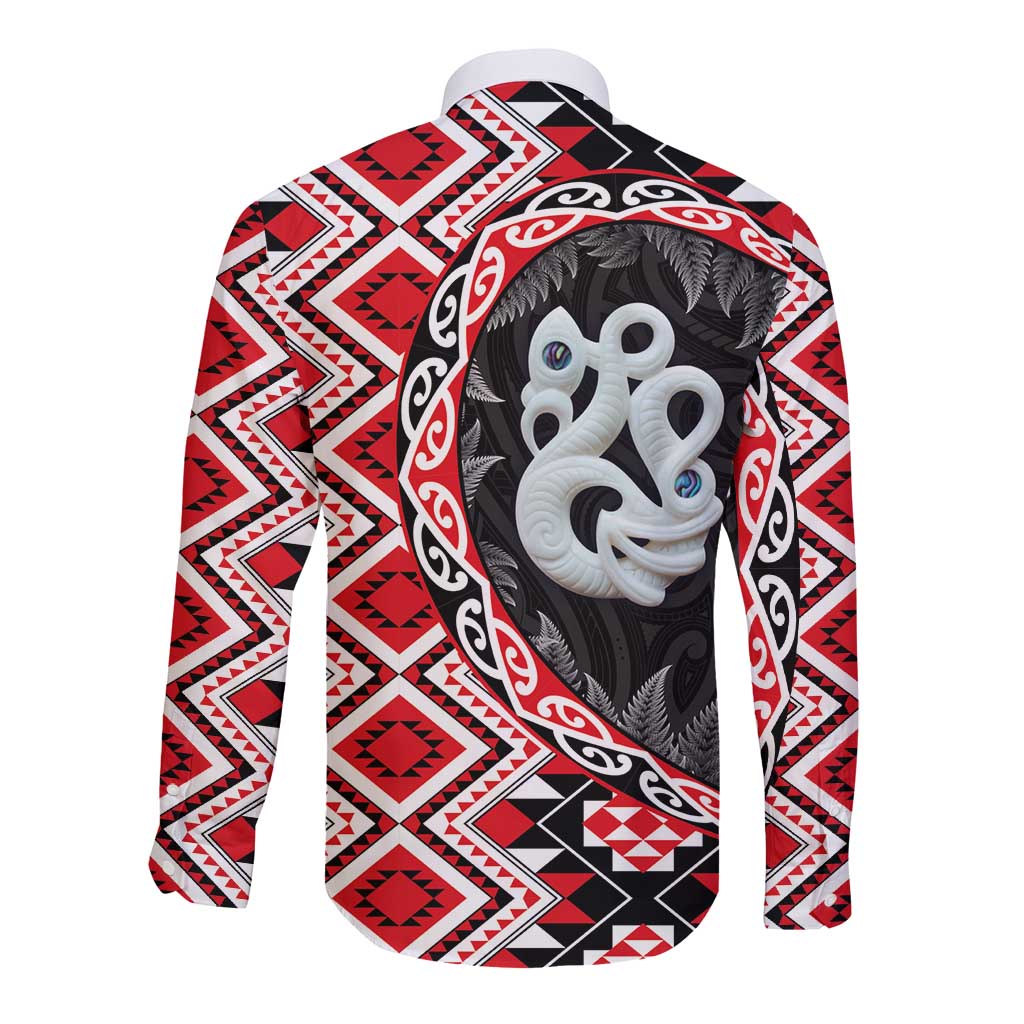Red Taniko Motif Aotearoa Manaia and Silver Fern Long Sleeve Button Shirt