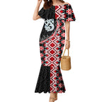 Red Taniko Motif Aotearoa Manaia and Silver Fern Mermaid Dress