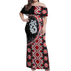 Red Taniko Motif Aotearoa Manaia and Silver Fern Off Shoulder Maxi Dress