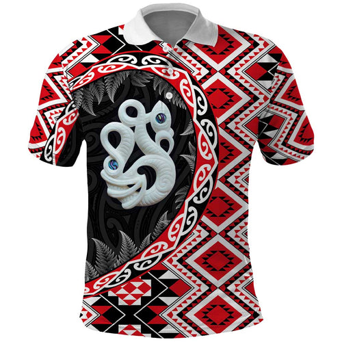 Red Taniko Motif Aotearoa Manaia and Silver Fern Polo Shirt