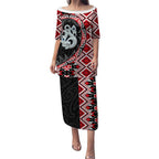 Red Taniko Motif Aotearoa Manaia and Silver Fern Puletasi