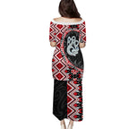 Red Taniko Motif Aotearoa Manaia and Silver Fern Puletasi