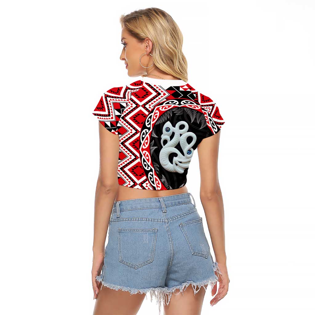 Red Taniko Motif Aotearoa Manaia and Silver Fern Raglan Cropped T Shirt