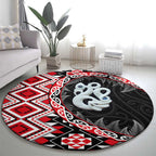 Red Taniko Motif Aotearoa Manaia and Silver Fern Round Carpet