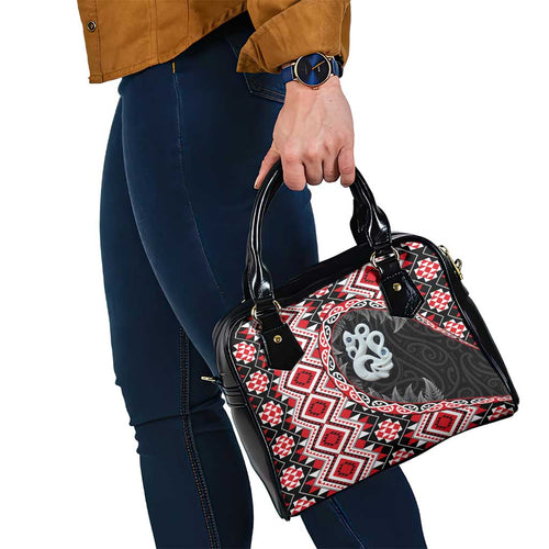 Red Taniko Motif Aotearoa Manaia and Silver Fern Shoulder Handbag