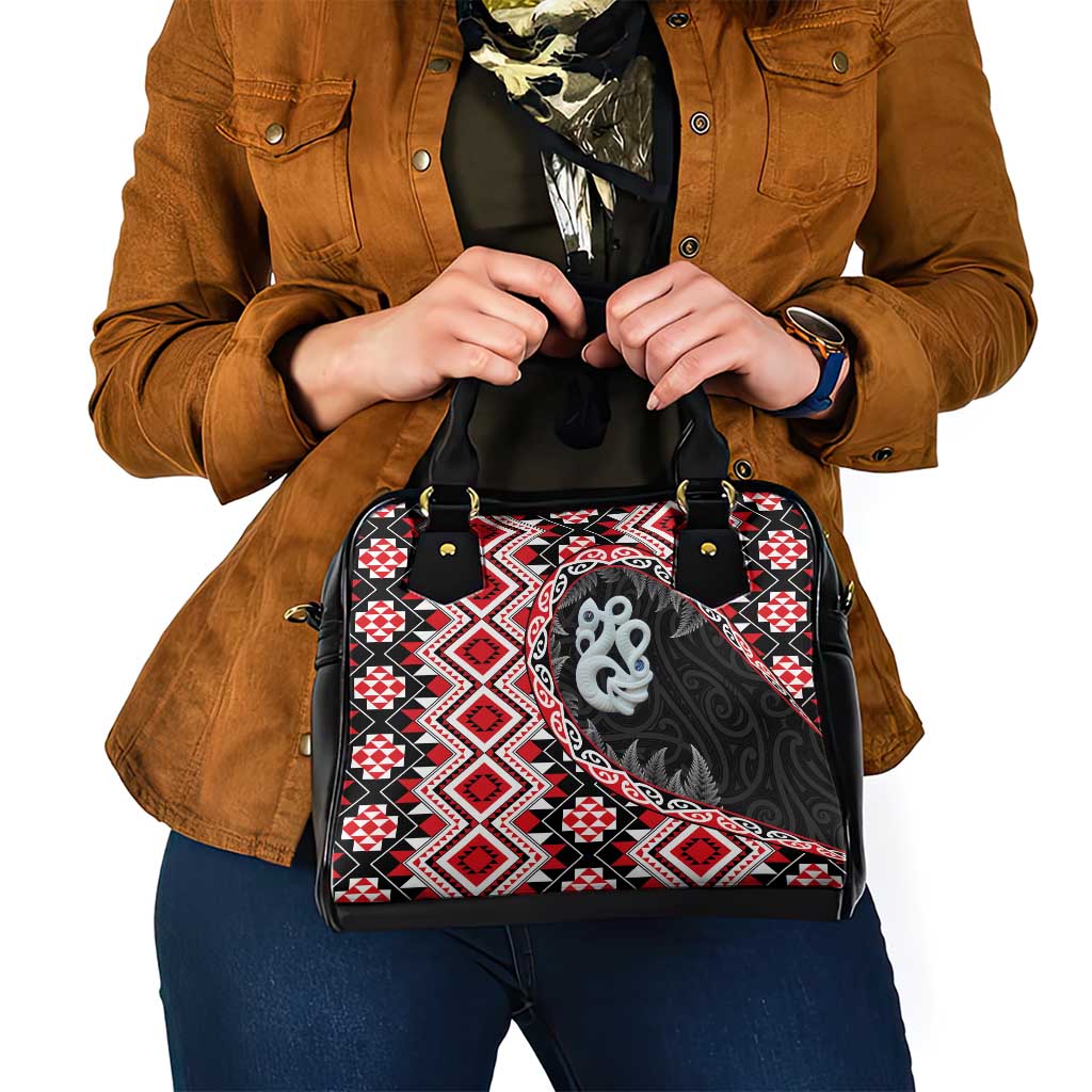 Red Taniko Motif Aotearoa Manaia and Silver Fern Shoulder Handbag
