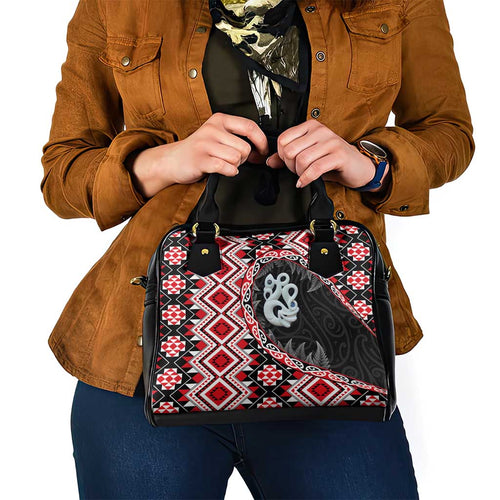 Red Taniko Motif Aotearoa Manaia and Silver Fern Shoulder Handbag