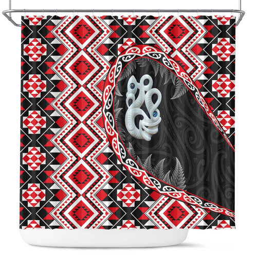 Red Taniko Motif Aotearoa Manaia and Silver Fern Shower Curtain
